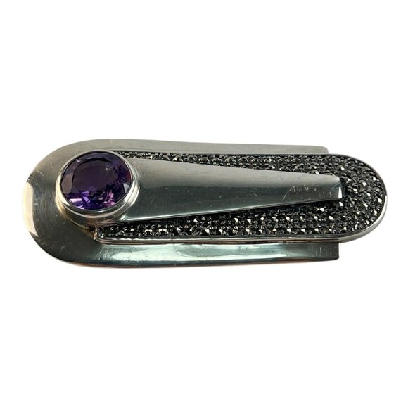Art Deco Style Heirloom 73 Sterling Silver Amethyst Marcasite Unisex Lapel Pin - Picture 2 of 7